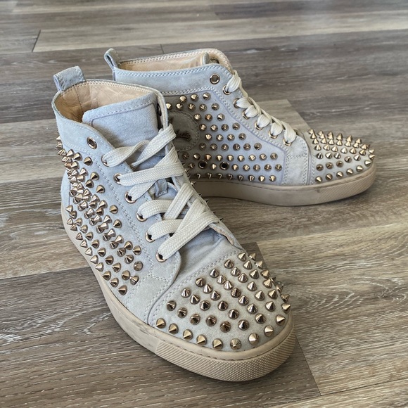 Christian Louboutin Shoes - Christian Louboutin Light Gray Suede Spike High-Top Sneakers